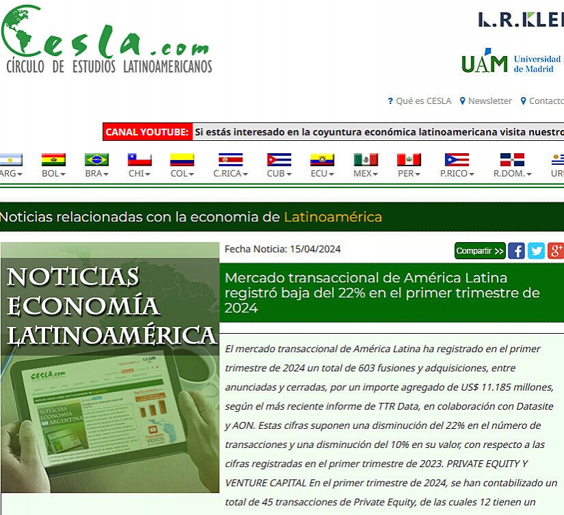 Mercado transaccional de Amrica Latina registr baja del 22% en el primer trimestre de 2024